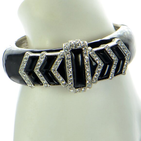 Kenneth Jay Lane KJL Black Enamel Art Deco Cuff Bracelet - Picture 1 of 6